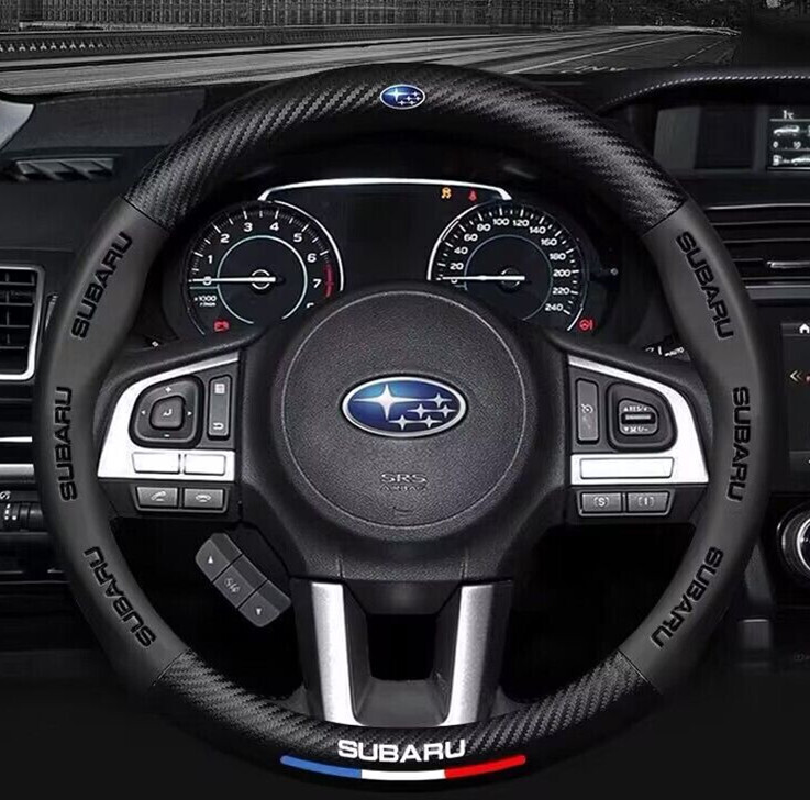 スバル 専用 ハンドルカバー ステアリングカバー 円型 上質な逸品【美品】 本革 カーボン調 3色選択可拍卖