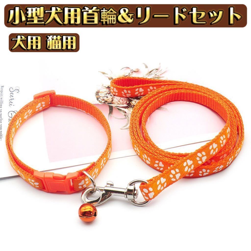 首輪リード ハーネスリード 2点セット ペット用品 ペットグッズ 犬用 イヌ ドッグ 猫用 小型犬 足跡柄 おしゃれ オレンジ拍卖