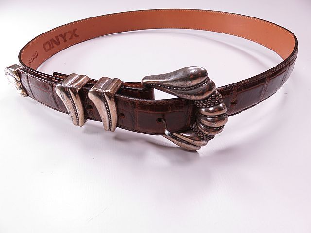 【送料無料】ONYX オニキス レザーベルト クロコ型押し 茶 ブラウン 胴回り約69㎝~80㎝拍卖