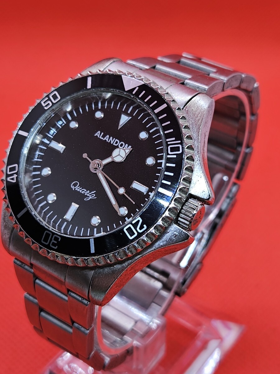 稼働品 良品 ALANDOM メンズ腕時計 黒文字盤 回転ベゼル ビックフェイス 電池交換済み G1173拍卖
