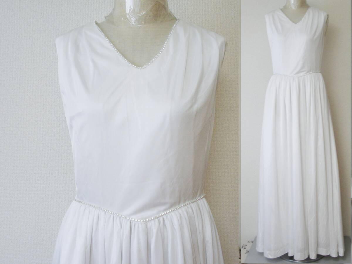 即決 レトロ 光沢感 白 ビーズ飾り ノースリーブ ロング ドレス ワンピース 小さめ S★ヴィンテージ vintage クラシカル 衣装 フォーマル拍卖