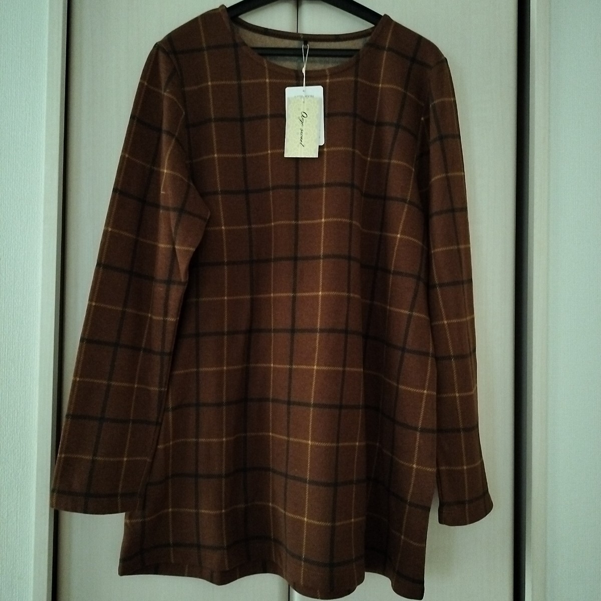 新品【Lサイズ】ago sweet 関西ファッション連合 レディース 長袖カットソー チュニック 裏起毛 秋冬 ルームウェア 3726 チェック 茶色拍卖