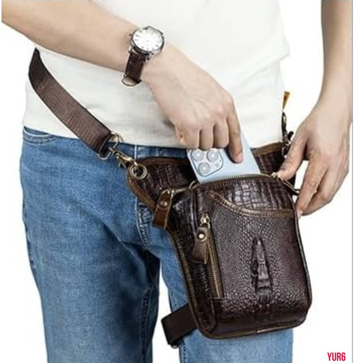 型押し クロコダイル調 レッグバッグ 本革 ホルスターバッグ アンティーク感 レトロ感 バイク ツーリング 耐久性 ハーレー 牛革 ブラウン 拍卖