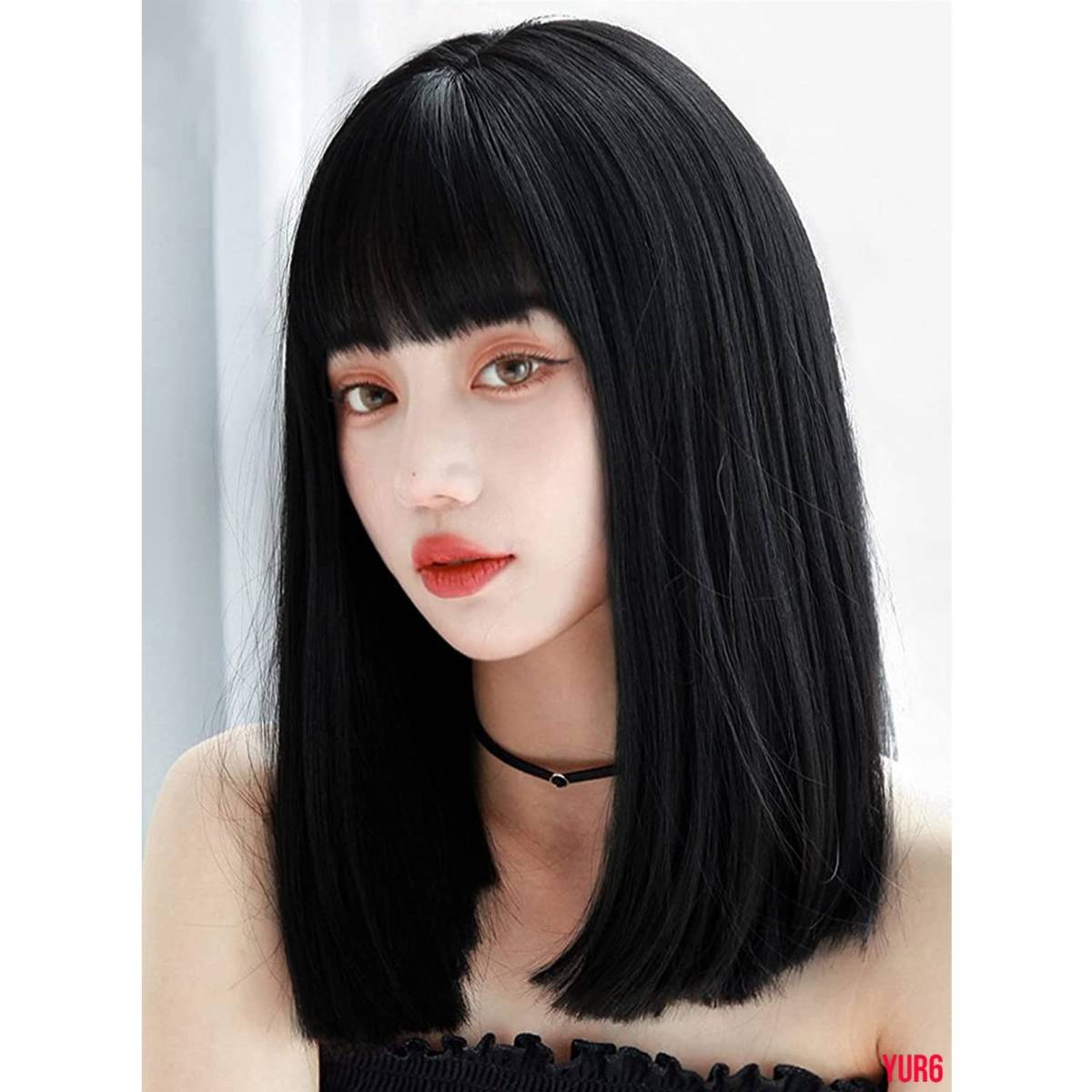 前髪ぱつん ブラックブラウン ストレート セミロング ウィッグ フルウィッグ かつら 耐熱ファイバー ミディアム 普段使い イベント 快適拍卖