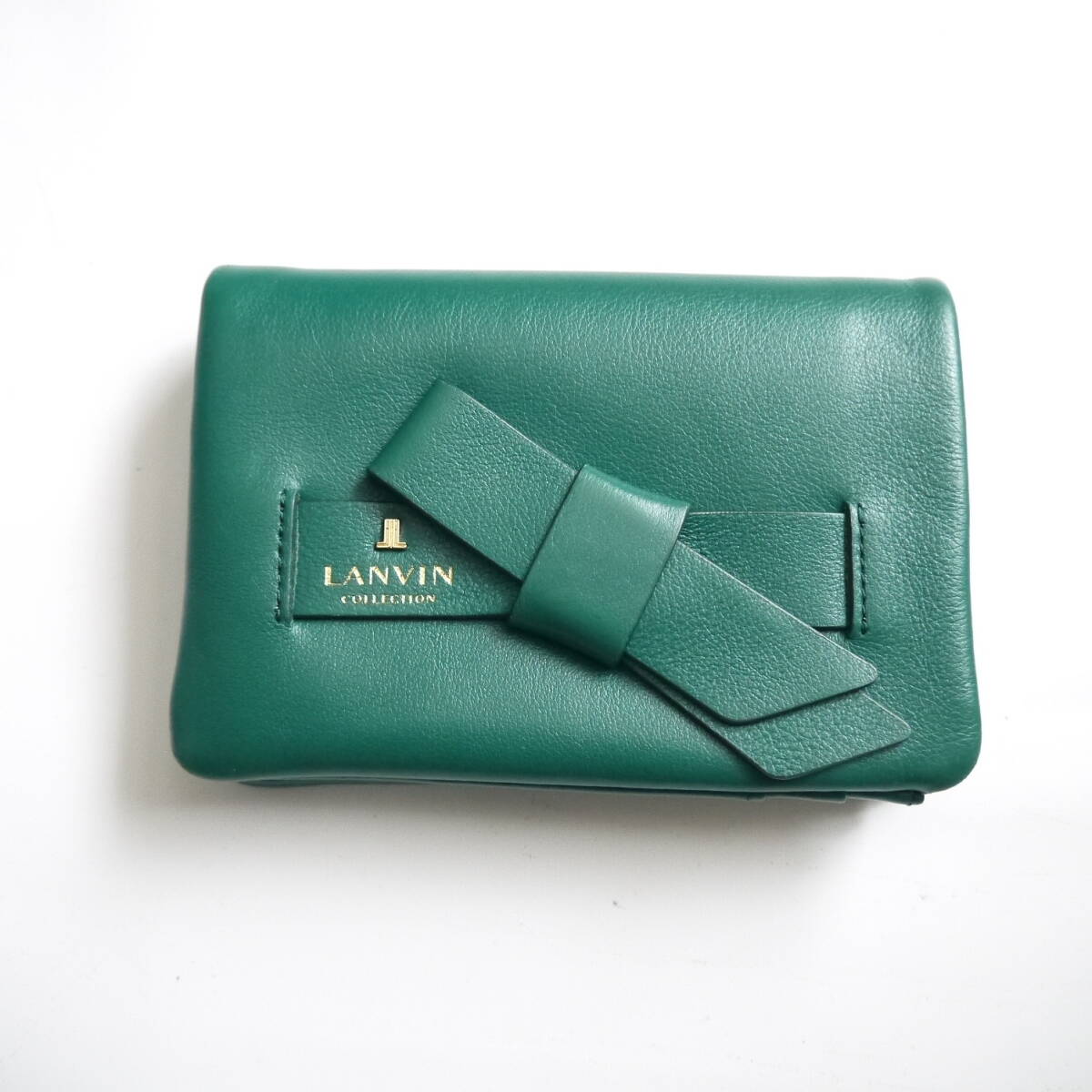 $ 極美品 $ レア!■ LANVIN ランバン ■ ラペリパース ロゴ リボン付き■ 本革 レザー製・ 2つ折り 財布 小銭入れ■ ビリヤードグリーン系拍卖