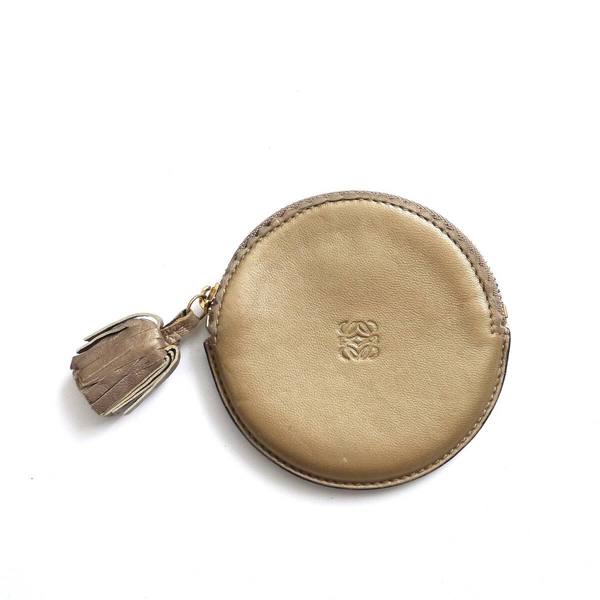 $ 美品 $ 激レアカラー♪◆ LOEWE ◆ ロエベ◆ アナグラム ロゴ入り◆ 本革 レザー製◆ 円型 コインケース 小銭入れ◆ ゴールド◆ 送料無料拍卖