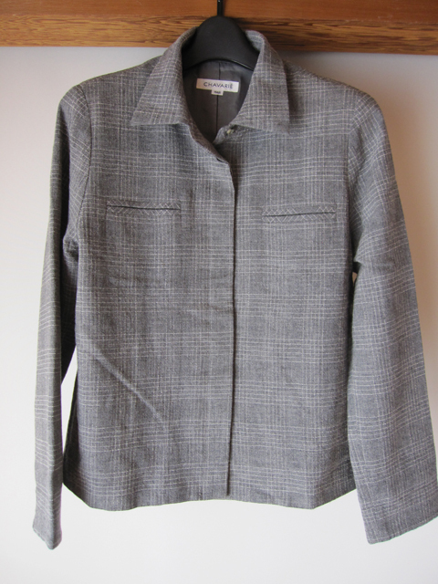 CHAVARIE 11AR ナイガイ レディース 薄いグレーチェック柄 薄手 比翼仕立て ジャケット 袖口スリット 虫食い穴有り 毛95%拍卖