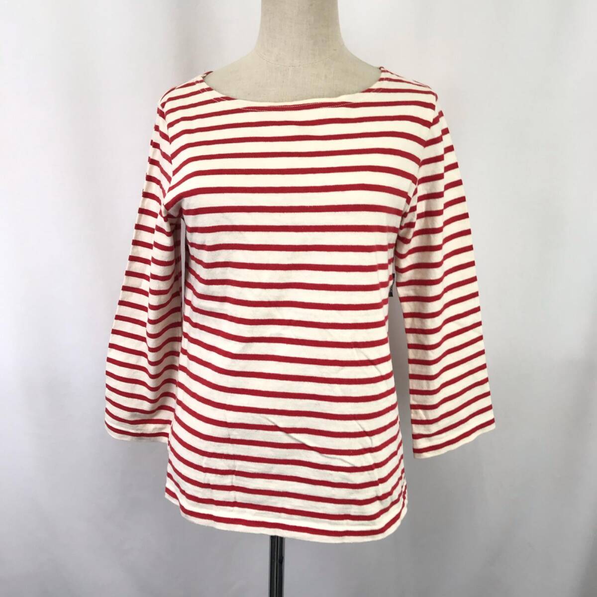 日本製★FABRIQUE en planete terre/七分袖カットソー【レディース38/赤×白/ボーダー柄】コットン/Tops◆BJ018-g拍卖