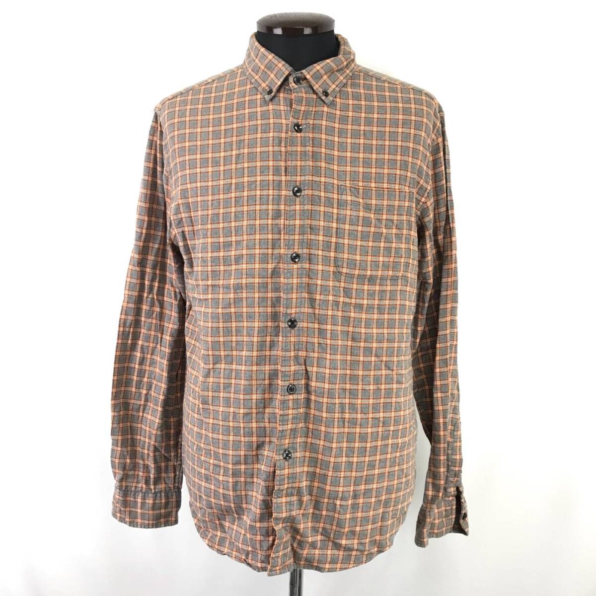 RAGEBLUE【レイジブルー】長袖シャツ【メンズL/グレー×オレンジ/チェック柄】ボタンダウン/ネルシャツ/Tops/shirt◆BJ072-f拍卖