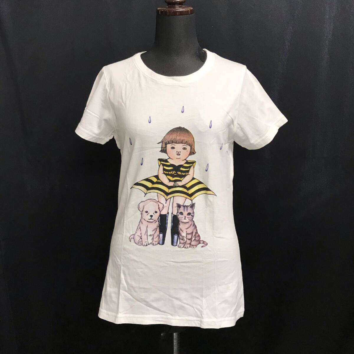 OB Design★半袖Tシャツ【レディースL/白/white】女の子のスカートでネコと犬が雨宿り/Tops◆BJ107-e拍卖