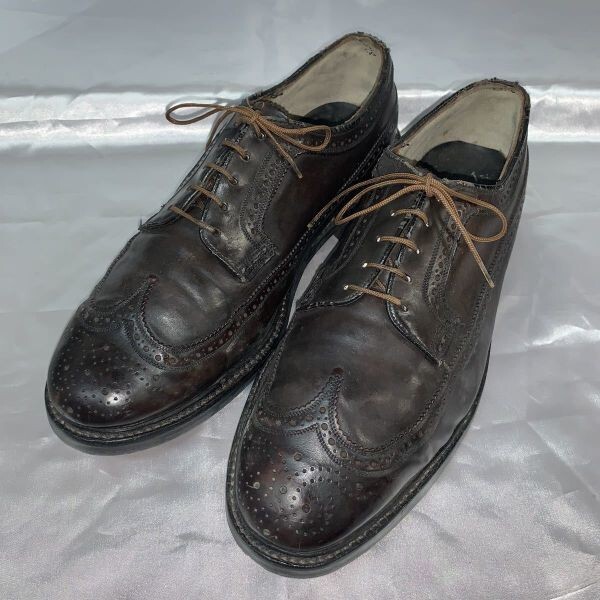 70s-80s? ヴィンテージ オールレザー ロングウイングチップ ビジネスシューズ レザーシューズ サイズ9E 27.0cm程度 こげ茶◆is4-27拍卖
