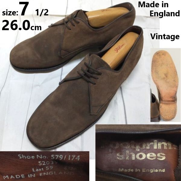 70s-80s?イングランド製/Vintage★Footprints shoes★グッドイヤー製法/スエード本革プレーントゥ【7.5/26.0/茶】leather/shoes◆b19C147拍卖