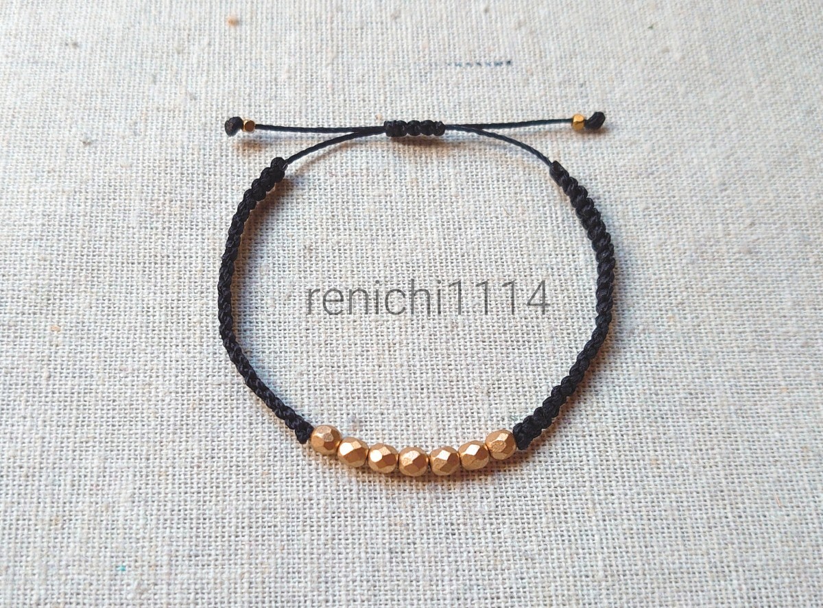 大人ブレスレット☆黒&ゴールドビーズ☆チェコビーズ☆ワックスコード拍卖