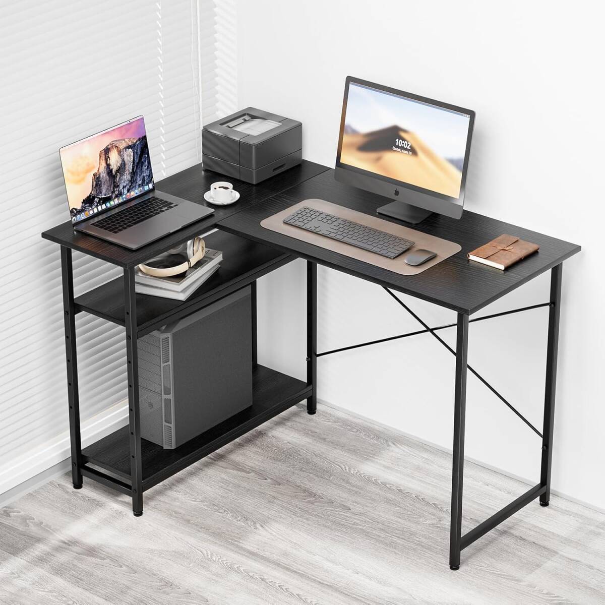 【新品未使用】L字デスク ブラック 110×75cm 左右入替え パソコン PCデスク コーナー 棚板高さ調節可能 机 在宅勤務 黒 ゲーミングデスク拍卖