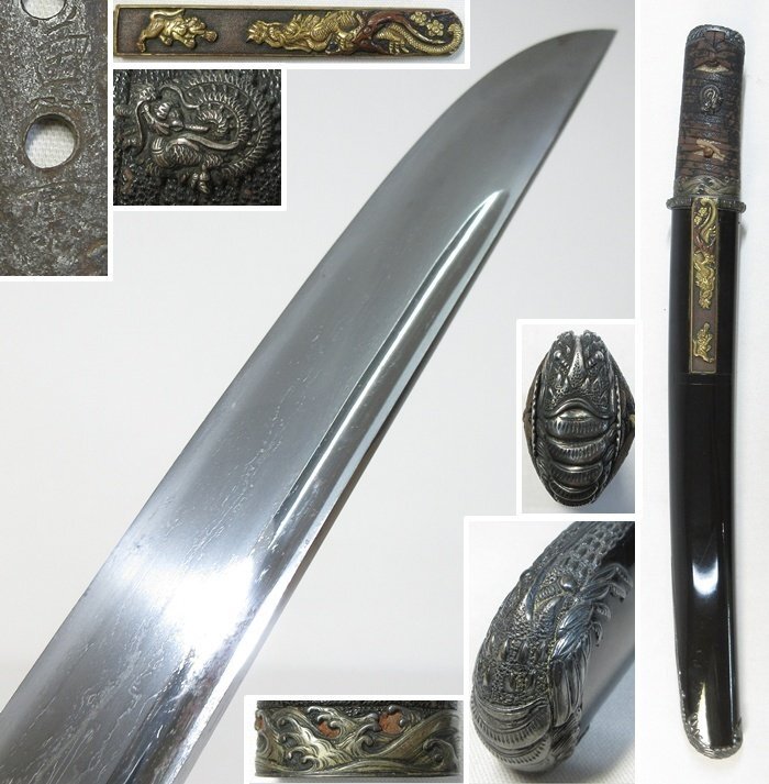 【B0519】素晴らしい拵え! 武具 刀剣 短刀 樋入り 在銘 兼□ 兼景? 28.1cm 外装付き 四分一 銀地 金具 海老図 丸龍目貫 龍虎図 小柄拍卖