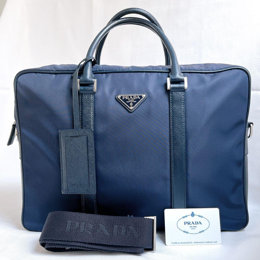美品 プラダ ビジネスバッグ 2VE661 2way サフィアーノ ネイビー PRADA拍卖