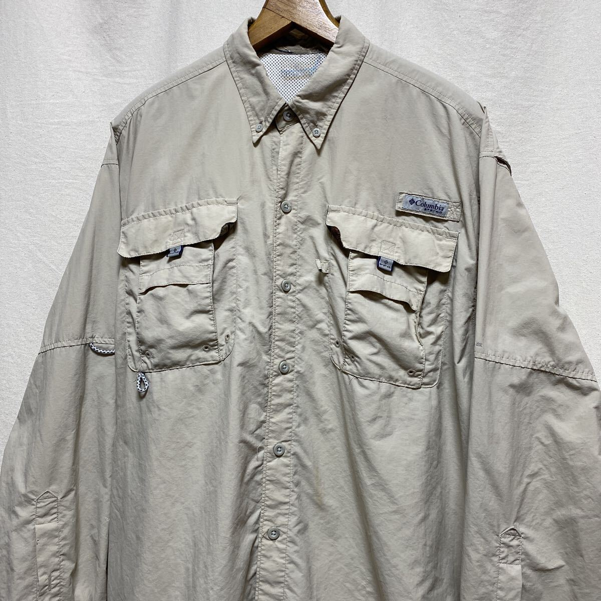 オールド Columbia PFG フィッシングシャツ ベージュ 90s 00s 古着 ナイロン 長袖シャツ コロンビア  アウトドア 拍卖