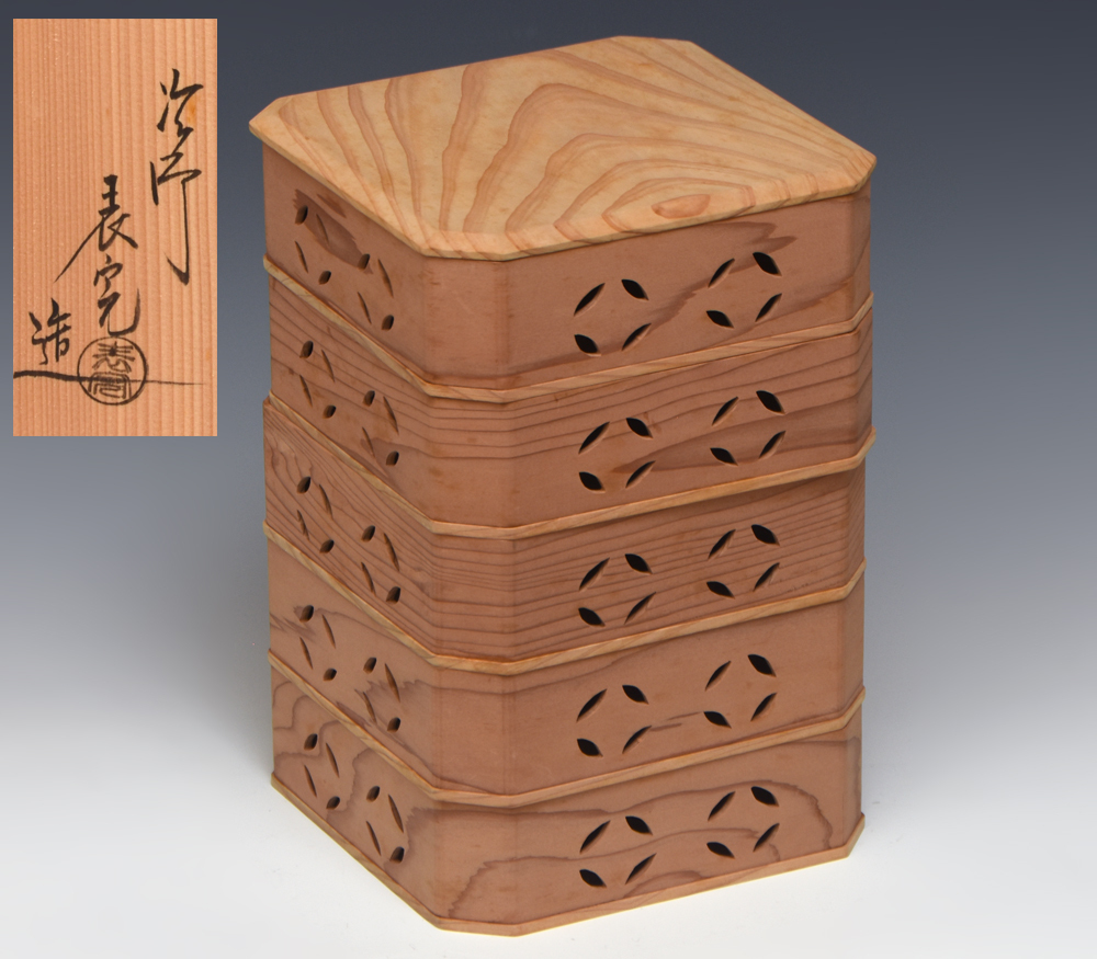 塗師 川瀬表完(造)杉木地七宝透五重縁高 天然木 木工芸 和食器 懐石 会席道具 茶道具 五段重   u0817o拍卖