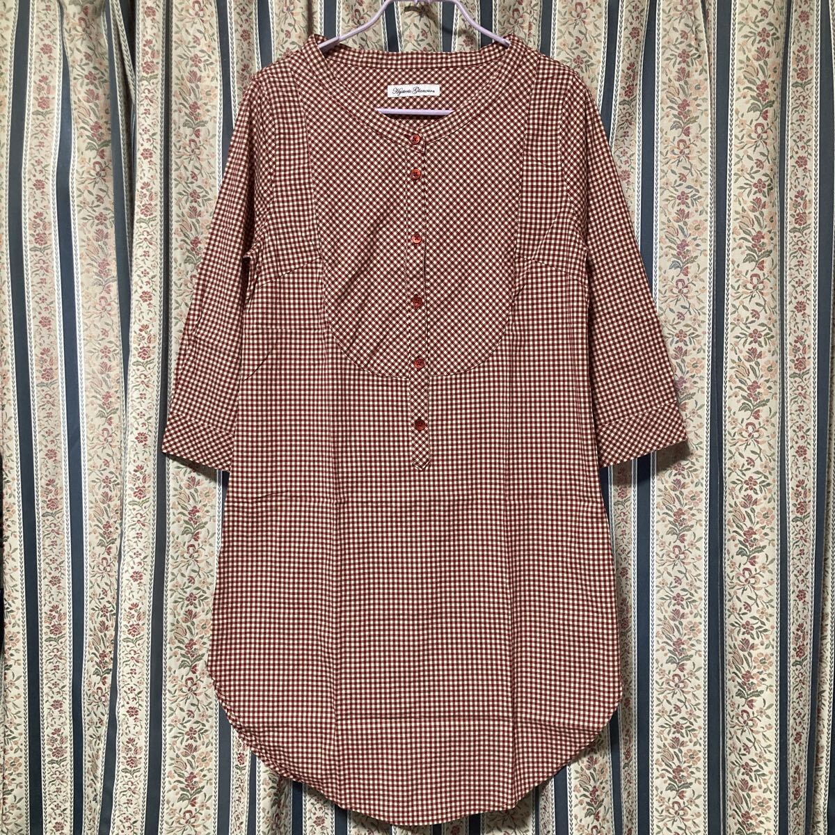 ヒステリックグラマー ハートロゴ刺繍 ギンガムチェック ノーカラー プルオーバーシャツ 七分袖 ブラウス スキッパー チュニック タトゥー拍卖