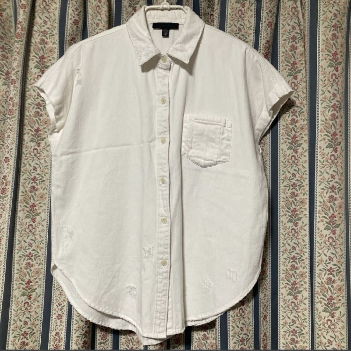 JOE'S ジョーズ ホワイトデニム スラッシュ加工 ダメージ 半袖シャツ ブラウス ボックスシルエット ヴィンテージ コット EDWIN LA 白拍卖