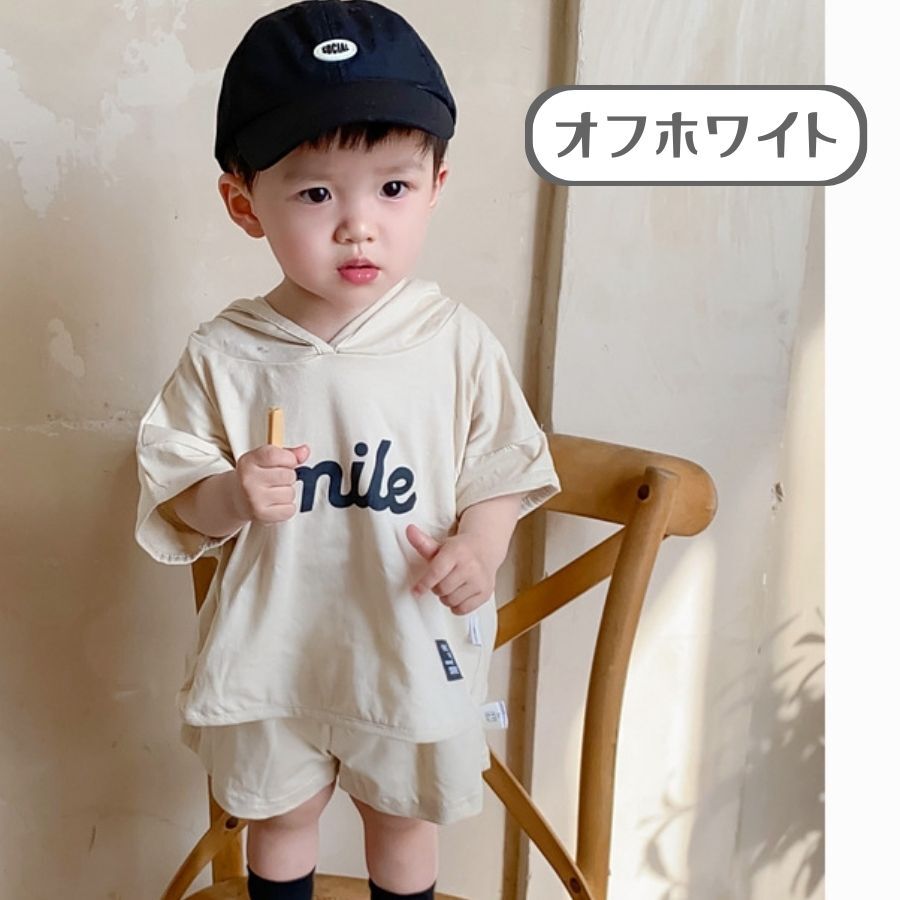 オフホワイト 73cm 2点セット フード付き薄手 スウェット風 上下セット 半袖 韓国風子供服 セットアップ 綿100% 男の子 キッズ 春夏拍卖