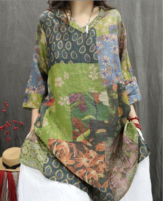 人気品新入荷~ チュニック 大人可愛い 花柄 大きいサイズ レディース きれいめ カジュアル ゆったり プリント柄 ブラウス トップス~緑拍卖