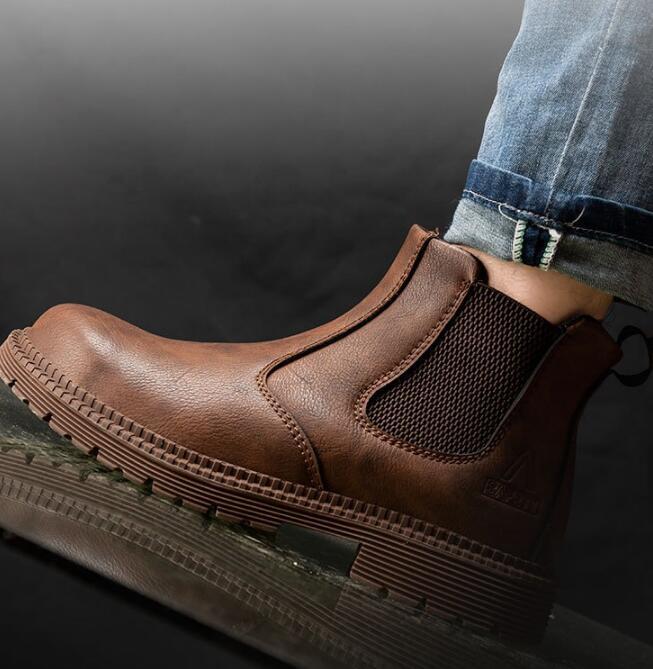 新品安全靴 ハイカット メンズ 防水安全靴 作業靴スニーカー 溶接用ブーツ つま先保護 おしゃれ 耐滑 チェルシーブーツ茶色 26.5cm拍卖