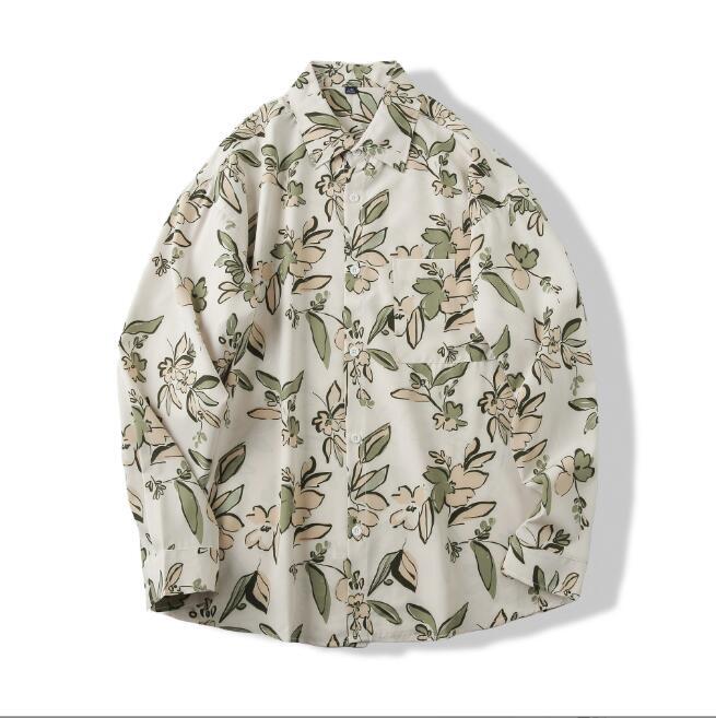 大人気 2XL ホワイト 新品 長袖シャツ アロハ リゾート風 ボタニカル柄 ゆったり 涼感 快適 軽やか 通気 夏秋 メンズ カジュアル トップス拍卖