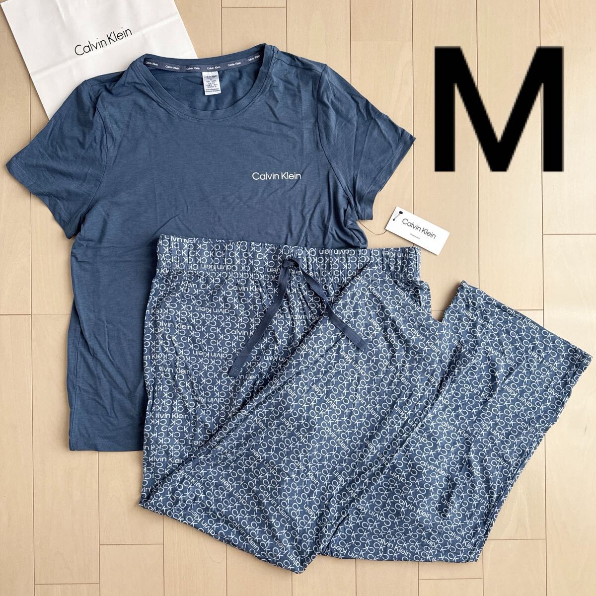 Calvin Klein カルバンクライン 上下 セット M L セットアップ Tシャツ パンツ ネイビー 紺 パジャマ スリープウェア ルームウェア 半袖拍卖