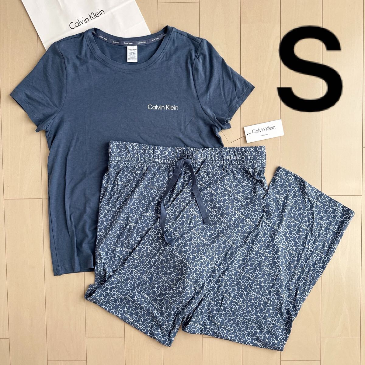 Calvin Klein カルバンクライン 上下 セット S M セットアップ Tシャツ パンツ 紺 ネイビー パジャマ スリープウェア ルームウェア 半袖拍卖