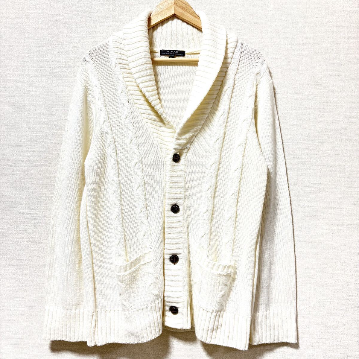 ビッグサイズ◎ふんわり軽量◎【JILL BLAZE】ジルブレイズ ショールカラー カーディガン ケーブル ニット ホワイト 白 メンズ XL/Y35481SS拍卖
