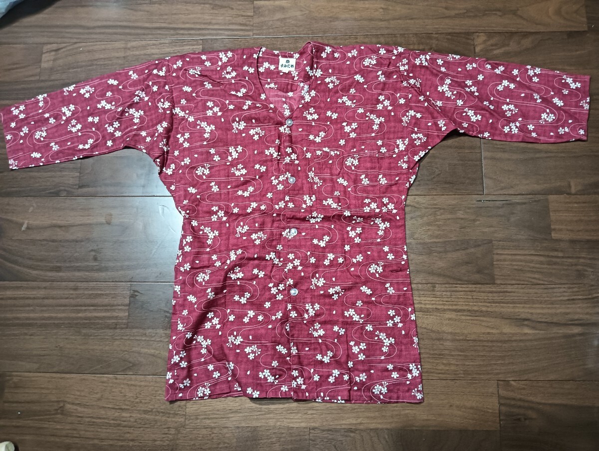 祭 すみたや 浜松 鯉口シャツ 人気完売★ 波に桜<綿100%>お祭りダボシャツ夏祭り上着 子供用 7号 エンジ 日本製拍卖