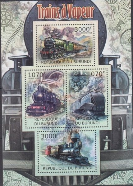 ブルンジ切手『蒸気機関車/鉄道』4枚シート 2012拍卖