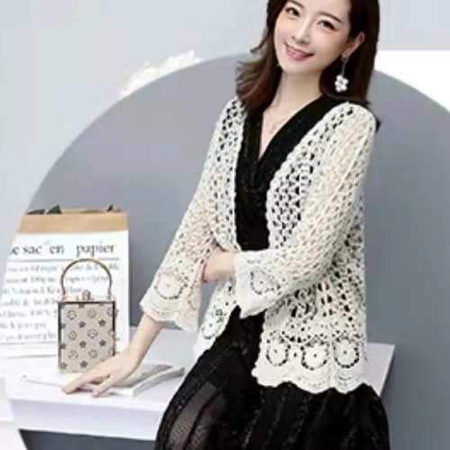 レース編みカーディガン 7分袖 (オフホワイト)カジュアルは勿論ドレススタイルにも ボレロ 長袖 新品拍卖