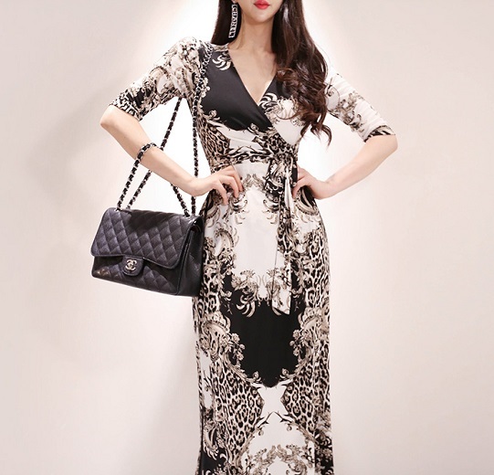 マキシワンピース 7分袖 ストレッチ カシュクール レオパードプリント ロングワンピース(ブラック×ホワイト)新品拍卖