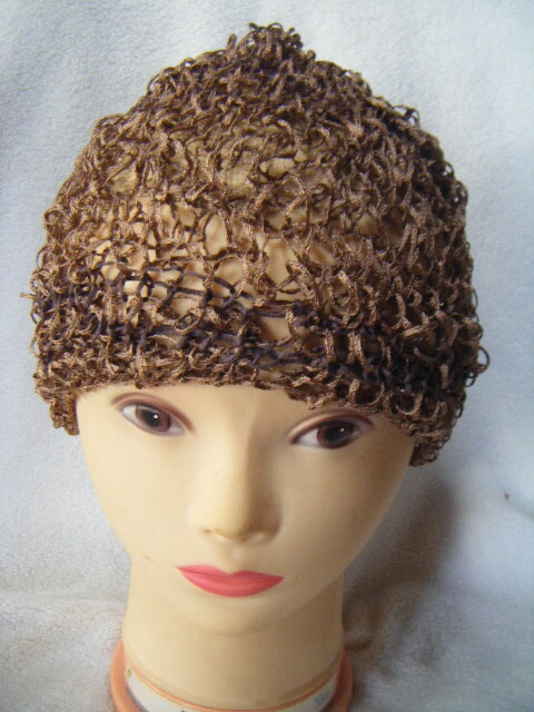 春、夏、秋*手編み男女兼用キャップ*やや艶のある茶(絹、アクリル、レーヨン)*アクセントラインはこげ茶    29拍卖