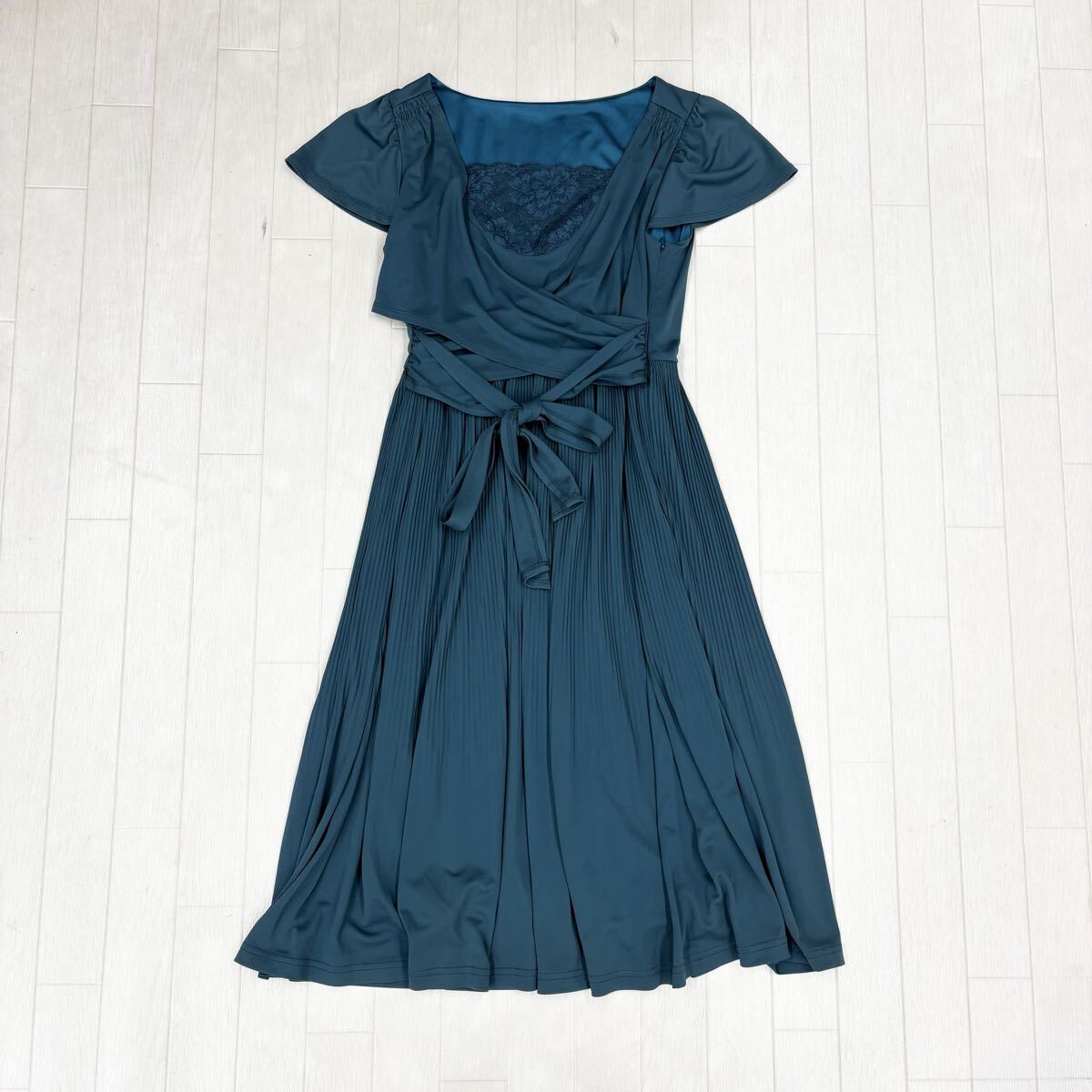 1802〓 KUMIKYOKU PRIER 組曲プリエ ミドルワンピース レディース サイズ2 ターコイズグリーン フレンチスリーブ 膝丈 カジュアル拍卖