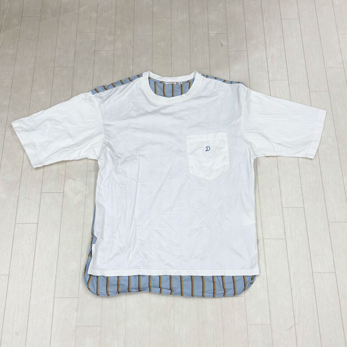 1802〓 DRESSTERIOR ドレステリア 半袖カットソー レディース サイズM トップス ホワイト ブルー ストライプ 切り替えデザイン Tシャツ拍卖