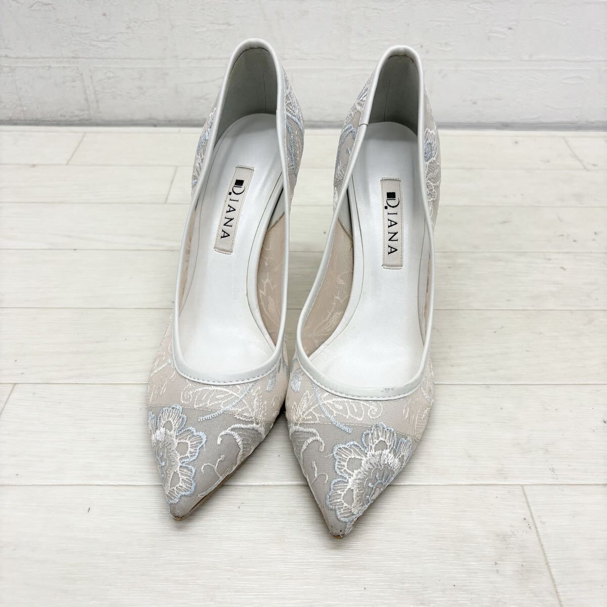 1804〓 DIANA ダイアナ パンプス レディース サイズ23 オフホワイト ライトグレー ライトブルー レース刺繍 メッシュ 透け 靴 シューズ拍卖