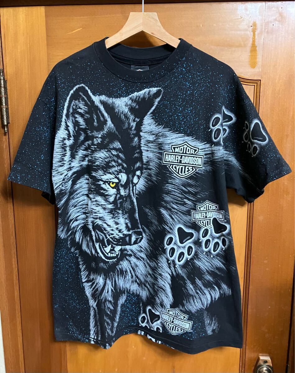 80s 90s HARLEY DAVIDSON ウルフ コヨーテ プリントTシャツ オフィシャル HANES BEEFY 黒 ブラック USA製 size L バイカー ビンテージ 拍卖