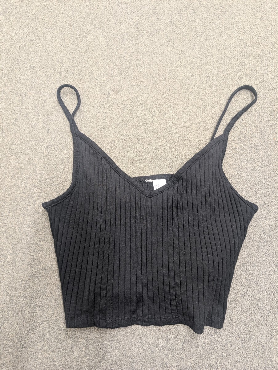 【H&M 黒 リブ Vネック ビスチェ】キャミソール ショート リブカットソー 古着 ザラ タンクトップ ノースリーブニット拍卖
