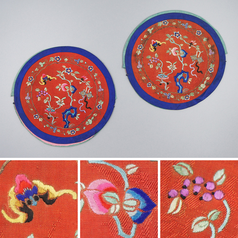 【中国美術】 ★ 民俗 紅地福寿双全紋銅鏡套 ★ 清代 蝙蝠 寿桃 刺繍文様 明清織繍 検 清朝清時代李朝古布古裂古美術古玩古董骨董唐物拍卖