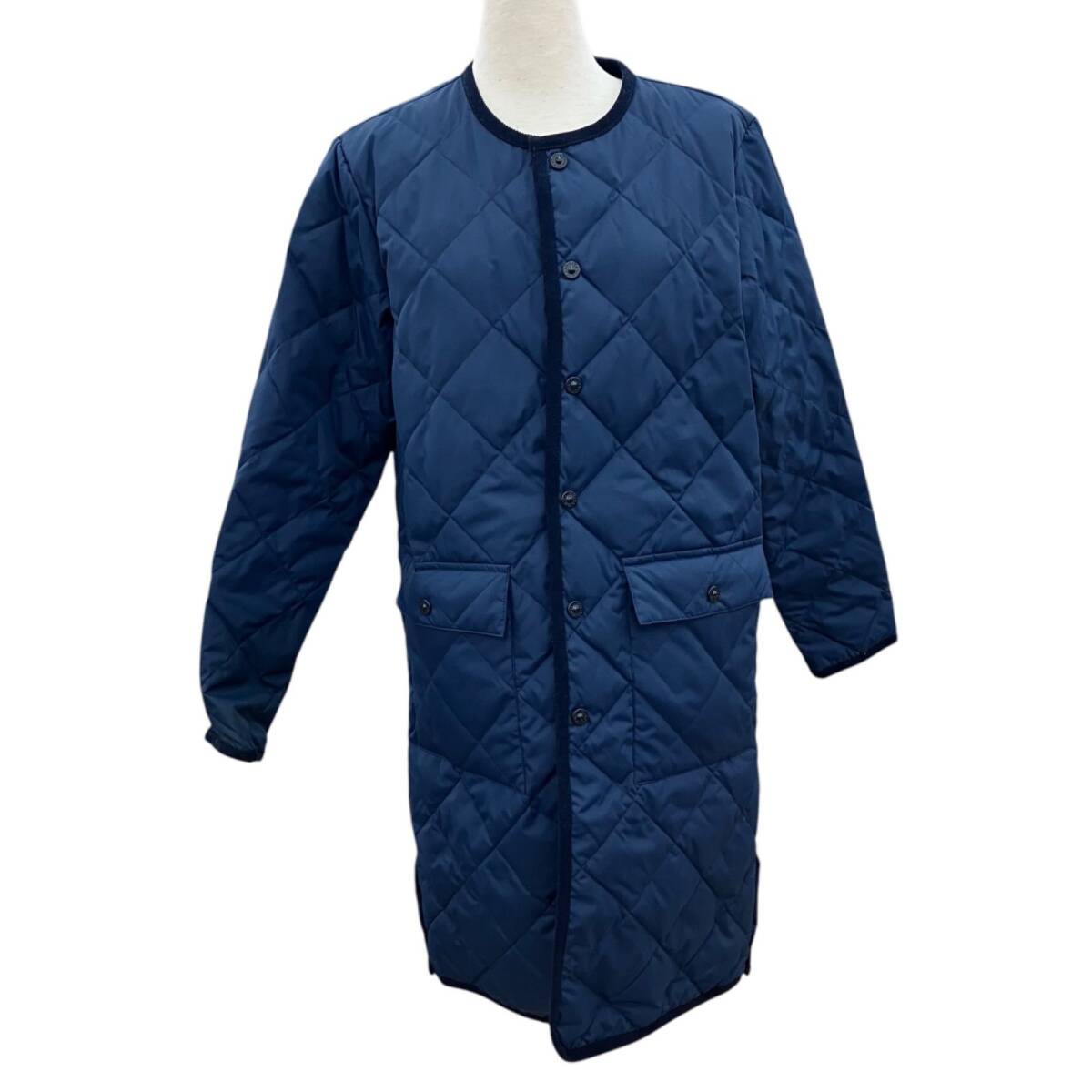 186004 現状品 TAION タイオン ロングダウンコート シティ パイピングクルーネック S ネイビー ポリエステル/コットン レディース拍卖