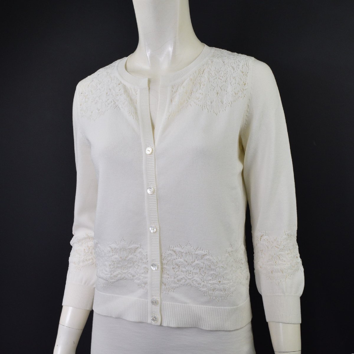 5000-KA00393★EPOCA エポカ 美品★清楚 上品 かぎ針編みデザイン カーディガン 40 白ホワイト 七分袖 拍卖