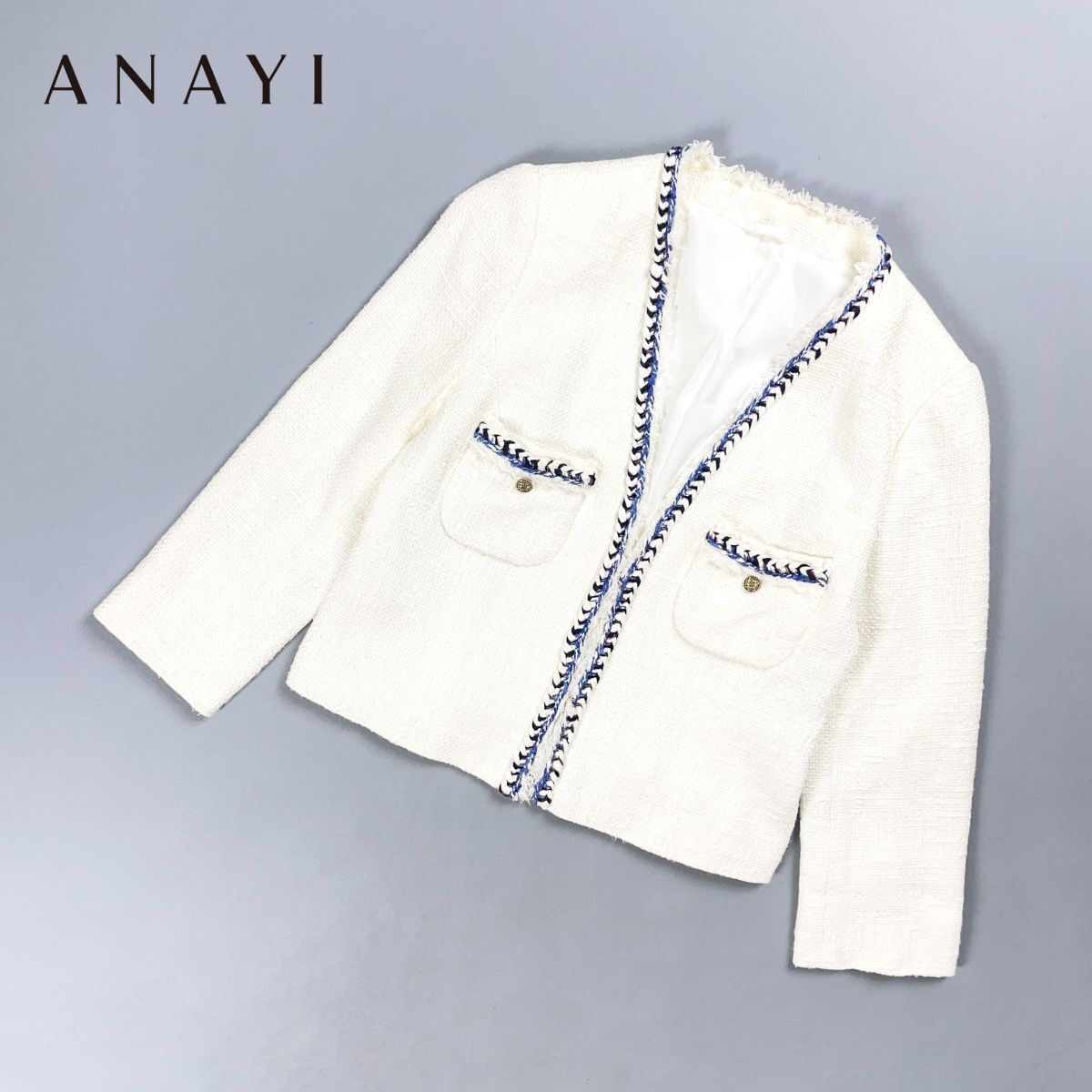 美品 ANAYI アナイ ツイードノーカラージャケット 長袖 金ボタン 光沢感 レディース 白 ホワイト サイズ38*GD186拍卖