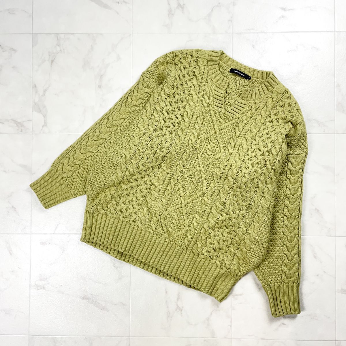 美品 AMERICAN HOLIC アメリカンホリック アクリルウールケーブルニット 長袖セーター 厚手 レディース くすみグリーン 緑 サイズL*GD82拍卖