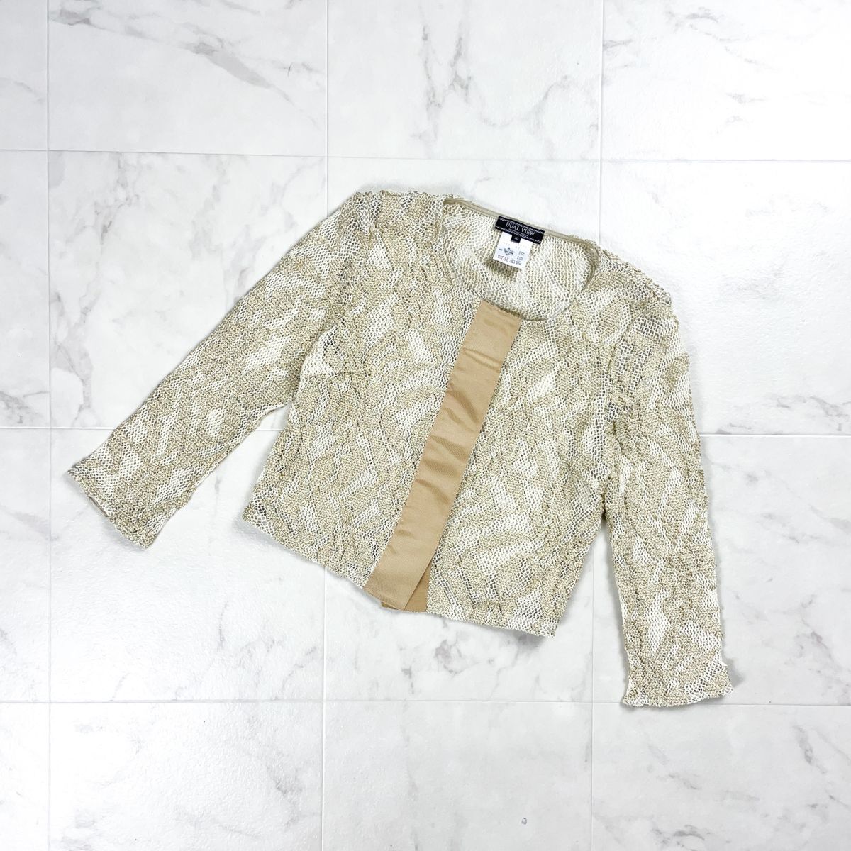 美品 DUAL VIEW デュアルビュー リネン混 ラメ糸メッシュカーディガン 七分袖 トップス レディース ゴールド 金 サイズ40*GD829拍卖