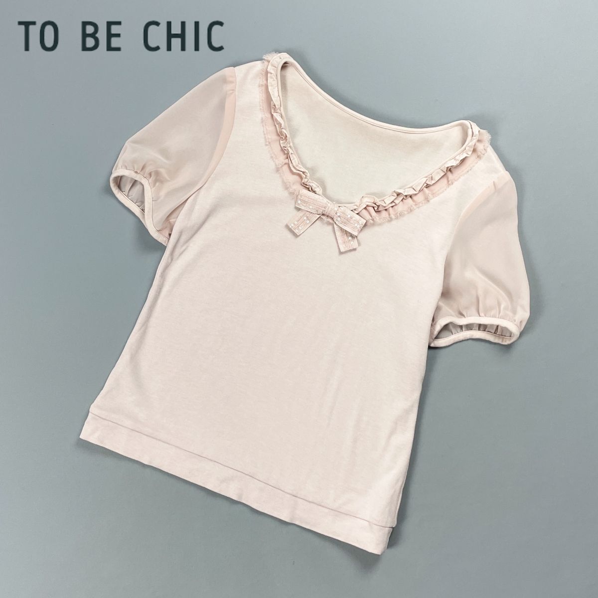 TO BE CHIC トゥービーシック シアー切替フリルTシャツ 半袖 リボン カットソー レディース ピンク サイズ2*GD174拍卖