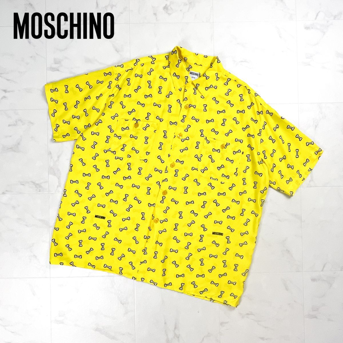 美品 MOSCHINO JEANS モスキーノ ジーンズ ボーン柄プリントシャツ 半袖 骨 トップス イタリア製 メンズ 黄 イエロー サイズL*GD840拍卖