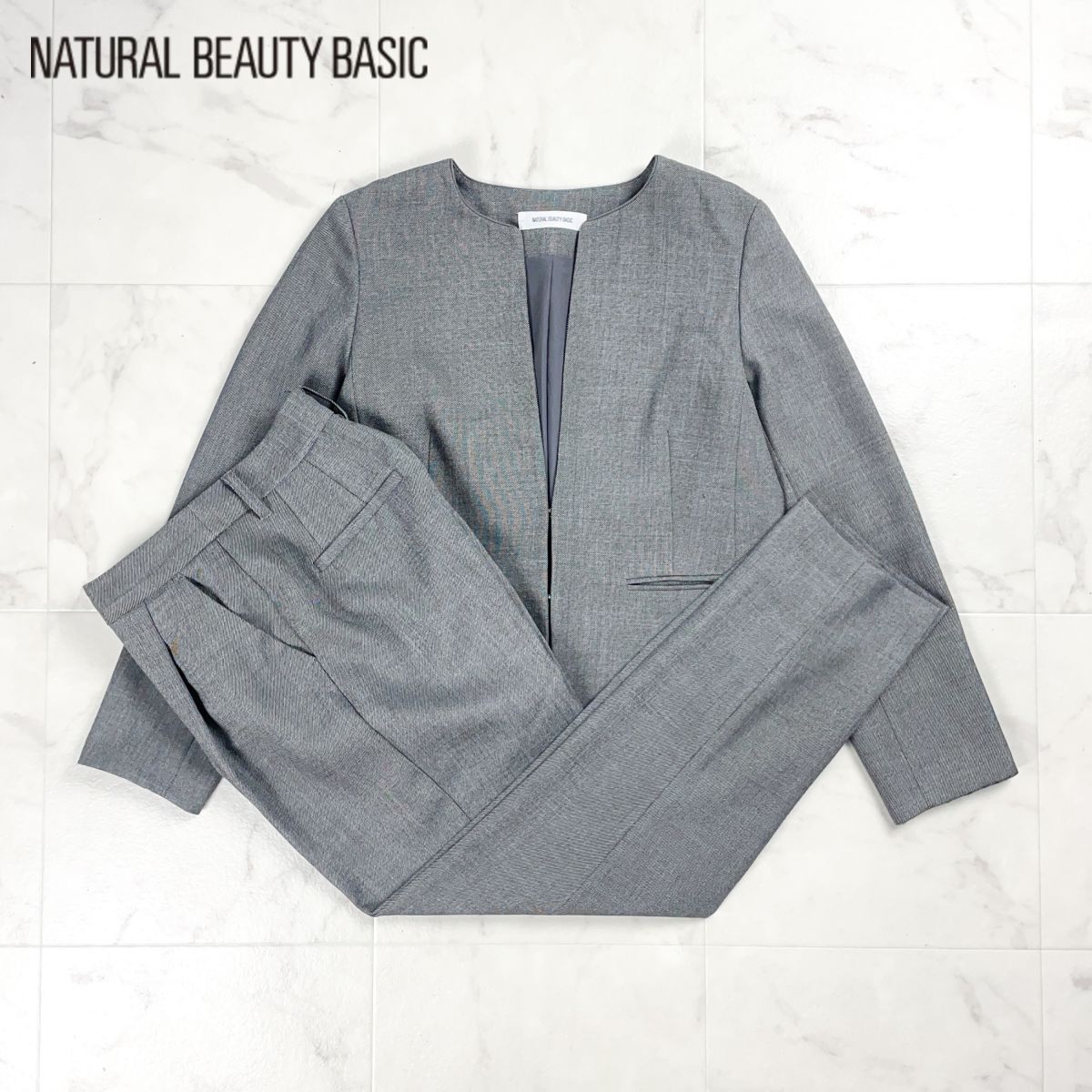 美品 NATURAL BEAUTY BASIC ナチュラルビューティーベーシック セットアップパンツスーツ テーパード レディース グレー サイズS*GD847拍卖